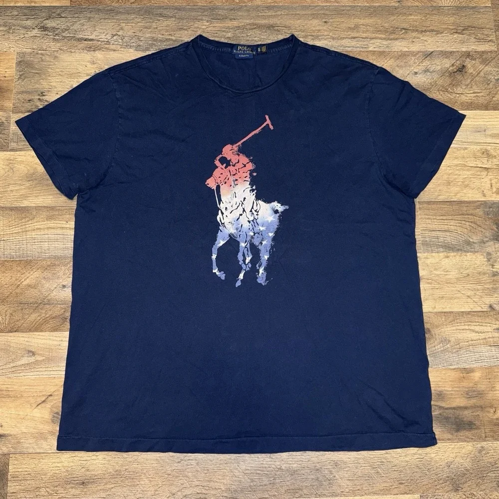Polo Ralph Lauren T Shirt Mens XL Blue Classic Fit USA Flag Big Pony Graphic